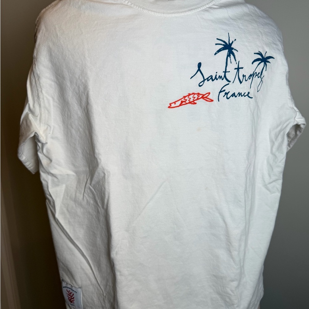 Zara Boys 9/10 White Tee with Navy Palm Script and Red Accent